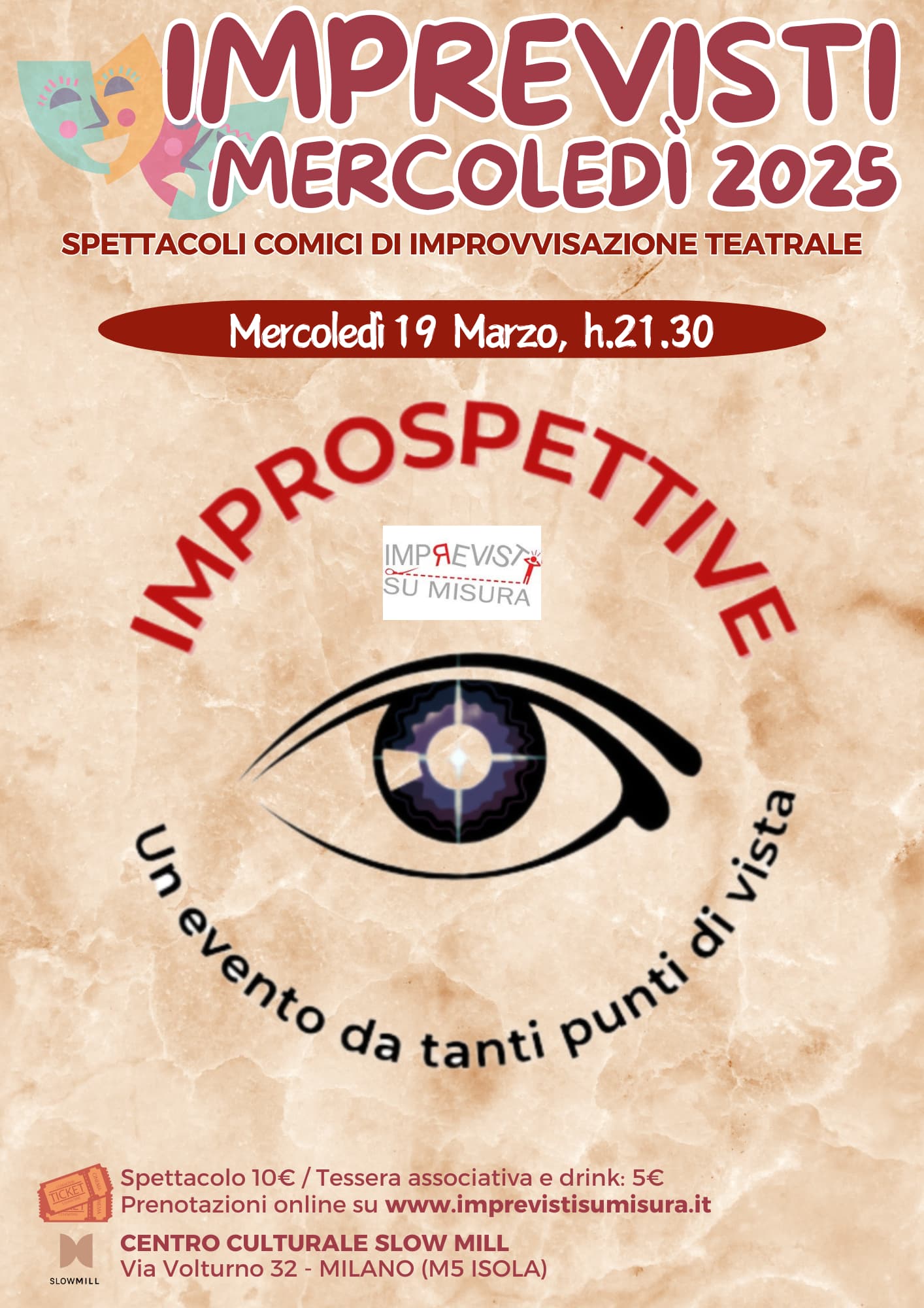 Locandina dell'evento 'Imprevisti 2025' con un occhio stilizzato e dettagli dell'evento.