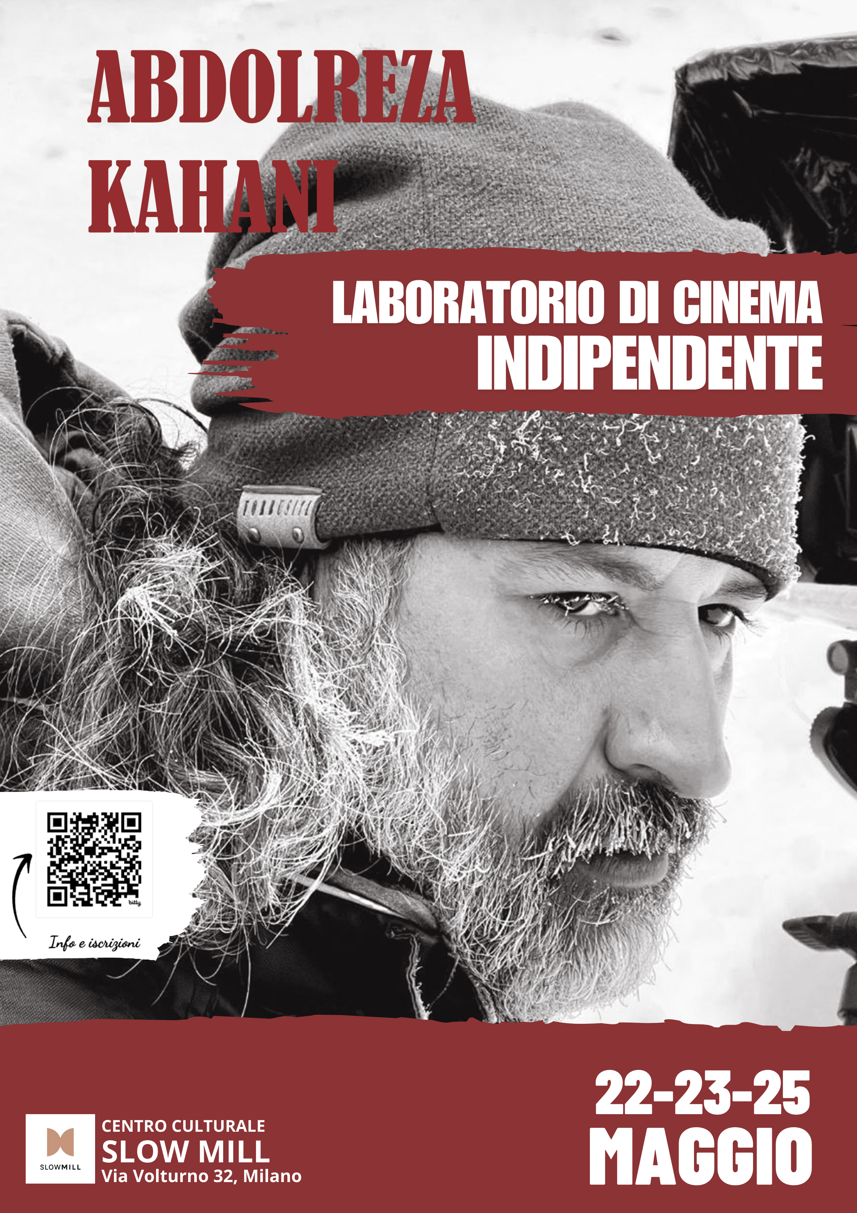 Locandina del laboratorio di cinema indipendente con Abdolreza Kahani, date e informazioni di contatto incluse.