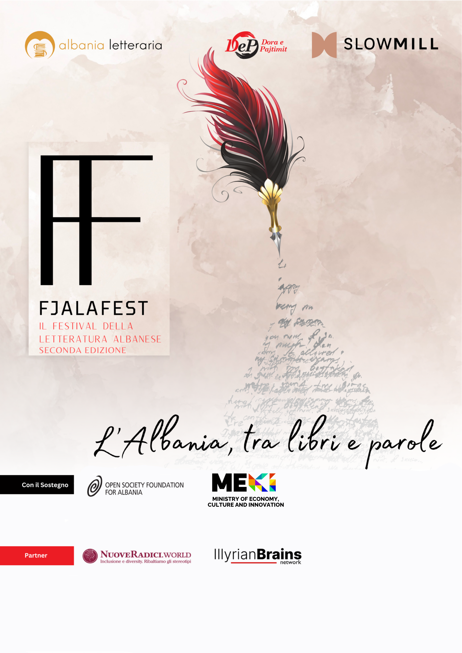 Manifesto del festival Fjalafest con un logo e un'immagine di una penna stilizzata.